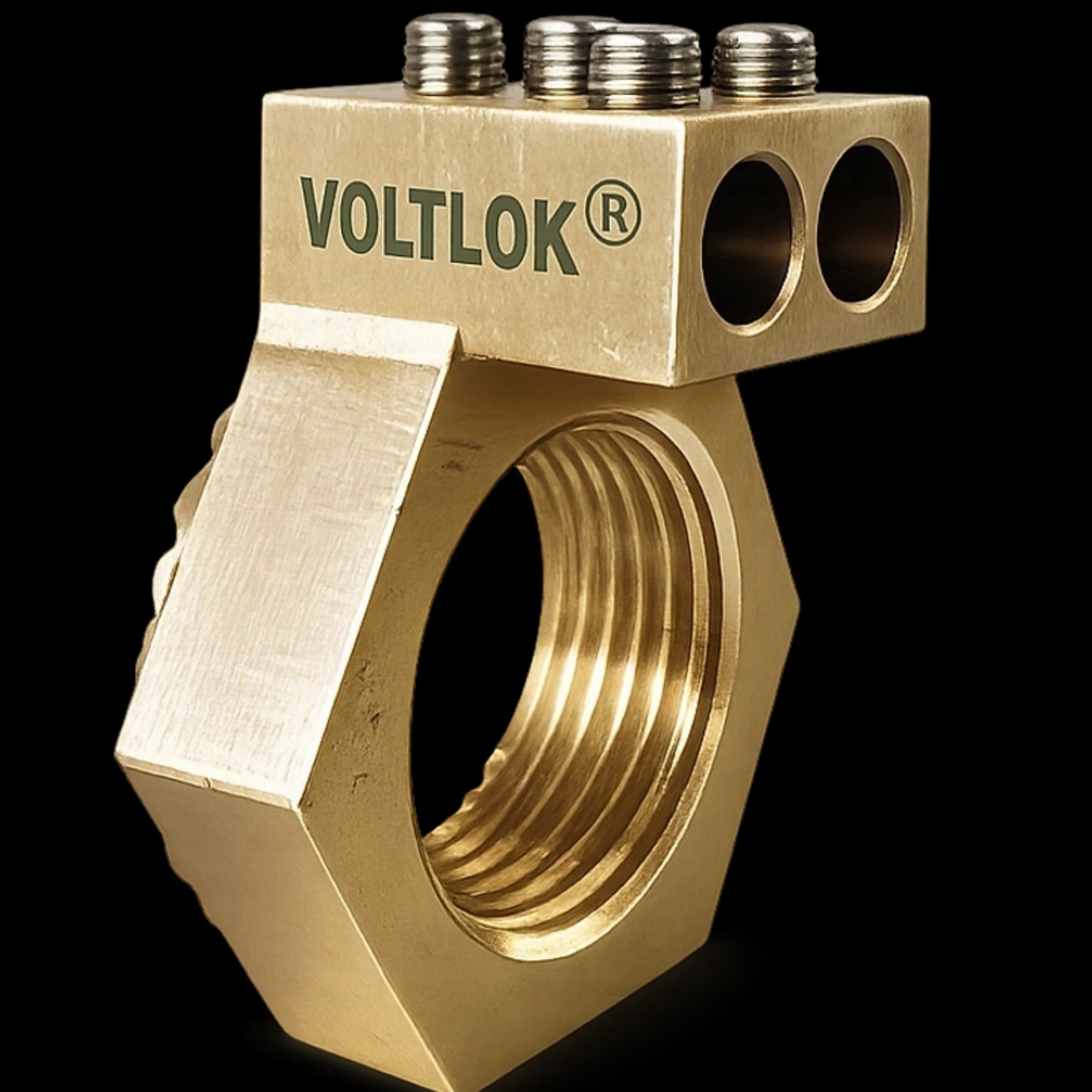 VOLTLOK® brass Dual-Entry Earthing Nut with four termination bolts
